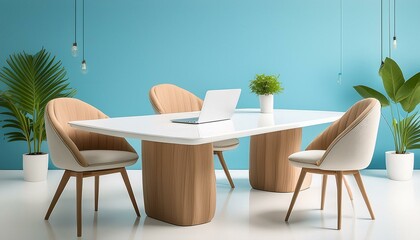 Fototapeta premium A minimalist meeting space featuring a white rectangular table, wooden chairs with cushions