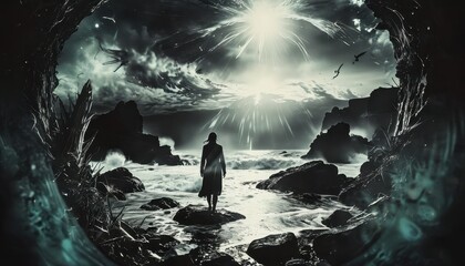 Fototapeta premium Silhouette of a Woman on a Rocky Coast with a Bright Light in the Sky.