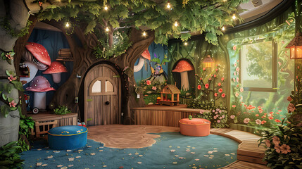 Enchanted treehouse interior with brown, green, and blue tones, perfect for a magical children's story or fantasy illustration. 
