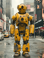 Large yellow robot standing in a busy city street. Urban setting with futuristic technology.