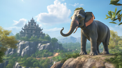 Obraz premium Elephant stands on a cliff overlooking a temple-like structure, amidst lush greenery. 