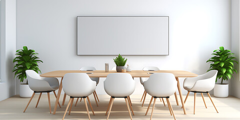 Minimalist dining room with white chairs, wooden table and green plants, perfect for modern home design. 
