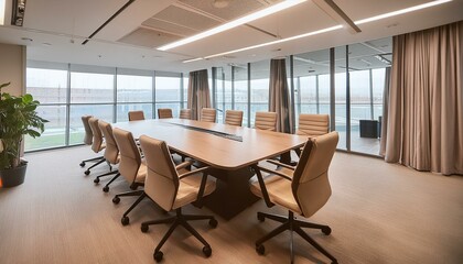 Fototapeta premium A sleek, modern conference room with a large wooden table surrounded by ergonomic chairs, f