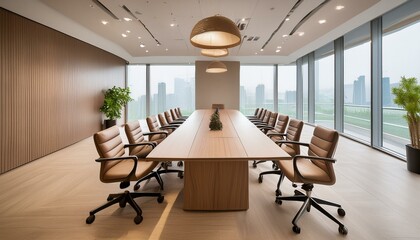 A sleek, modern conference room with a large wooden table surrounded by ergonomic chairs, f