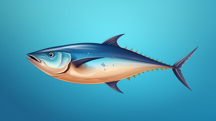 A blue, orange and yellow tuna fish swimming in the ocean, representing the beauty and power of the sea. 
