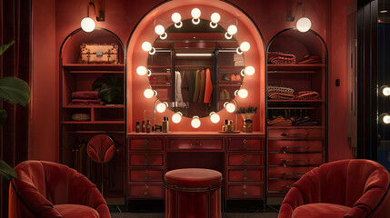 Glamorous red vanity with illuminated mirror luxury fashion dressing room interior design.
