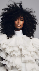 A woman with black curly hair and white ruffled blouse, black, white and skin tones, fashion and beauty, elegance and confidence, a modern fashion editorial. 
