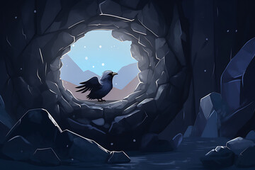 Dark fantasy raven cave scene blue gray tones mysterious hope winter solstice.
