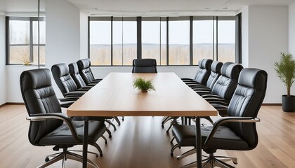 A spacious conference room with a long wooden table, modern black leather chairs, and large