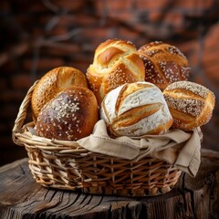 Bread basket with assorted loaves on a wooden background, copy space
