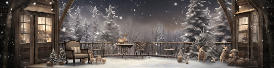 Cozy cabin with brown wood, white snow and a warm light, evoking winter peace and a feeling of comfort and escape. 
