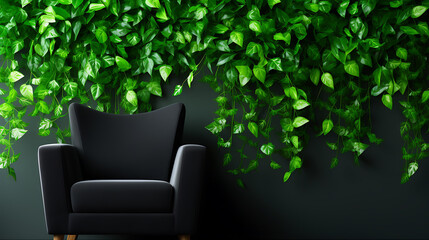Lush green ivy wall backdrop black armchair dark green tranquility nature serenity home decor.
