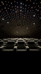 Luxury cinema interior dark grey seats starry ceiling night ambiance.
