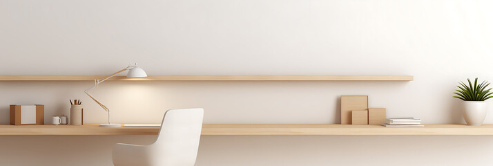 Minimalist home office shelves beige white calm workspace design.
