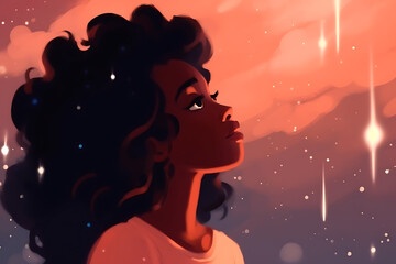 Dreamy girl orange sunset stars hope peace.
