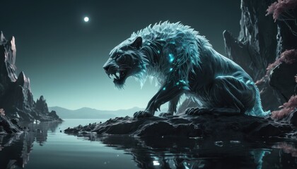 Naklejka premium Crystalline Tiger by the Moonlit Lake.