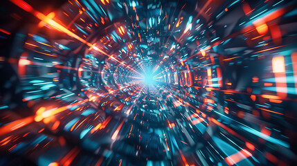 Abstract futuristic tunnel vibrant orange blue light streaks digital art energy speed motion.
