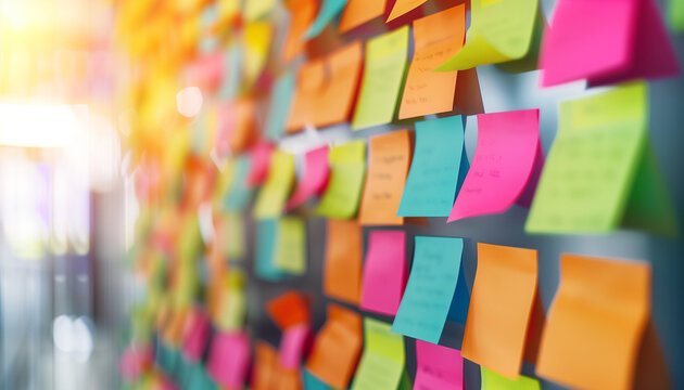 A wall covered in colorful sticky notes representing brainstorming and idea generation in a collaborative workspace