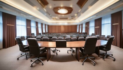 An elegant seminar room with dark wood furniture, plush carpeting, and sophisticated lightin 