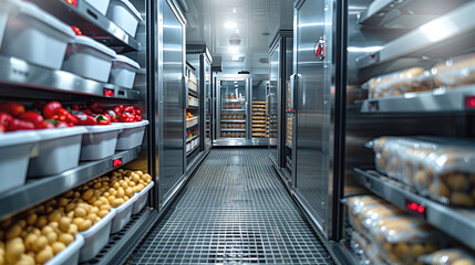 Industrial refrigeration chamber with organized food storage. Shelves stocked with various perishables. Refrigeration chamber for food storage