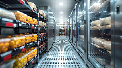 Refrigeration chamber storing various food products in organized shelves. Industrial food storage facility.  Refrigeration chamber storing various food products in organized shelves. 
