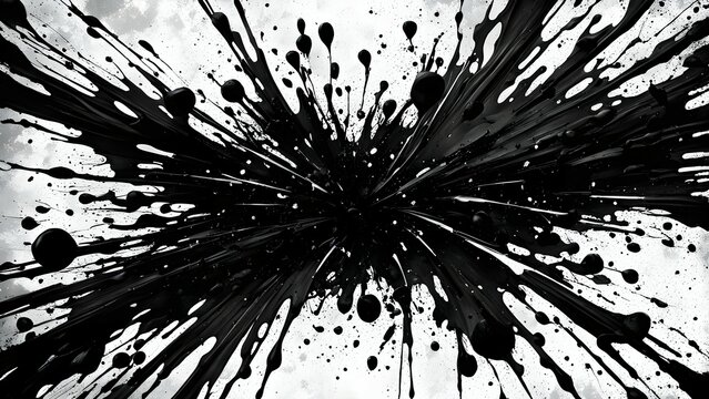 Black and white abstract painting with a burst of black paint on a white background
