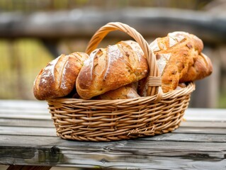 Fresh bread basket on a weathered wooden surface