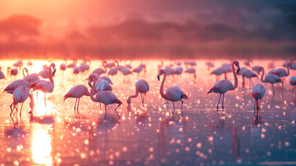 Naklejka premium Flock of flamingos wading in Lake Nakuru at sunset, Kenya. The vibrant colors of the sunset illuminate the scene, creating a magical atmosphere with the reflections on the water.