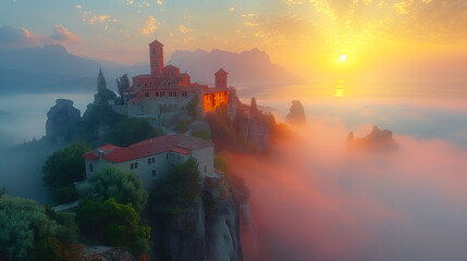 Misty sunrise over Meteora monasteries. The ancient monasteries perched atop rocky cliffs are enveloped in a blanket of mist, with the rising sun casting a golden glow over the serene landscape.