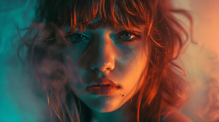 A moody portrait of a woman with red hair and blue eyes, bathed in teal and orange light, evokes mystery and intrigue. 
