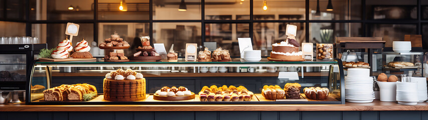 Warm, inviting bakery display with golden pastries and rustic wooden shelves, perfect for a cozy and delicious morning treat. 
