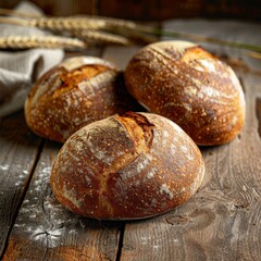 Freshly baked loaves on a weathered wooden table, space for text