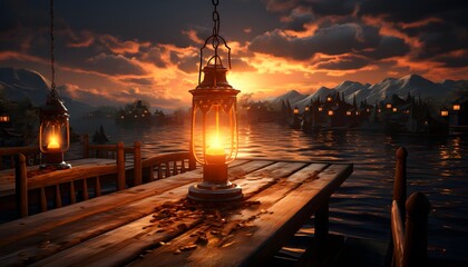 Lantern on the pier in the lake at sunset, 3d render