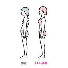 シンプル　イラスト　正しい姿勢の女性と猫背の女性　横向き