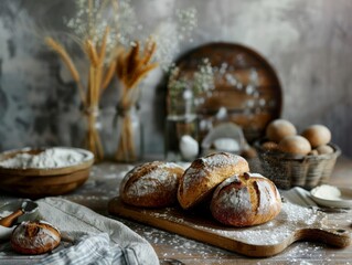 Rustic bakery setup with bread and flour on a wooden table