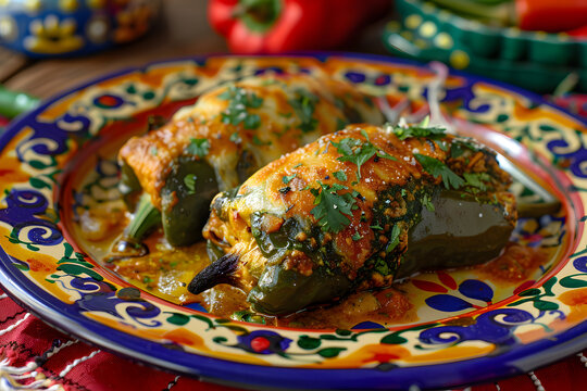 Chiles rellenos on a colorful Mexican plate, side view, Canon EOS R5, 24-70mm f/2.8 lens, natural light filter