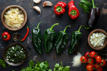 Flat lay of ingredients for chiles rellenos, including poblano peppers and cheese, Nikon D850, 50mm f/1.4 lens, soft light filter