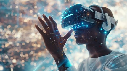  Banner of black man in vr headset exploring metaverse world, touching virtual reality subjects with copy space on the left