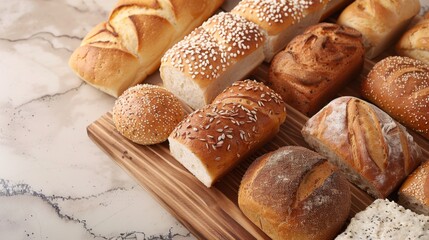 Fototapeta premium Variety of bread loaves on a wooden surface, copy space