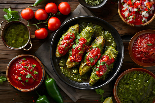 Overhead view of chiles rellenos with red and green sauces, Canon R6, 35mm f/1.4 lens, overhead softbox lighting