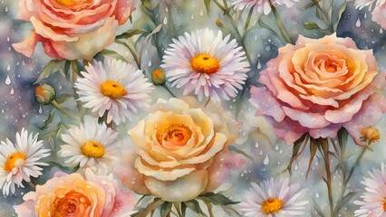 Watercolor Floral Illustration with Raindrops