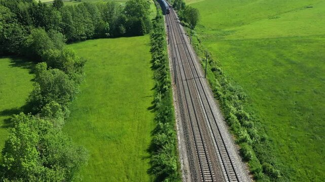 Aerial view of a passenger train, western railway line near Stra&szlig;walchen, Salzburg, Austria, Europe