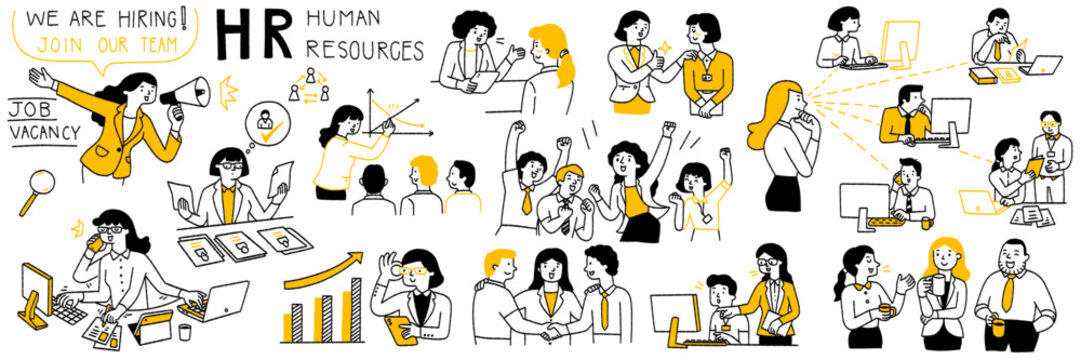 Vector illustration set related to HR human resources. Outline, thin line art, han drawn sketch, cut character design, simple style. 