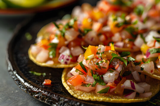 Ceviche tostadas ready to serve, side view, Canon R6, 35mm f/1.4 lens, shallow depth of field