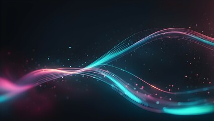 Obraz premium Glowing neon light waves with shiny particles on dark blue background