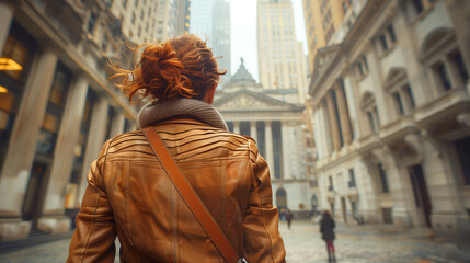 Young woman wearing a leather jacket and walking and touring a city in Europe or United States with space for text