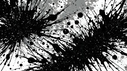 Black and white abstract painting with a burst of ink splatters