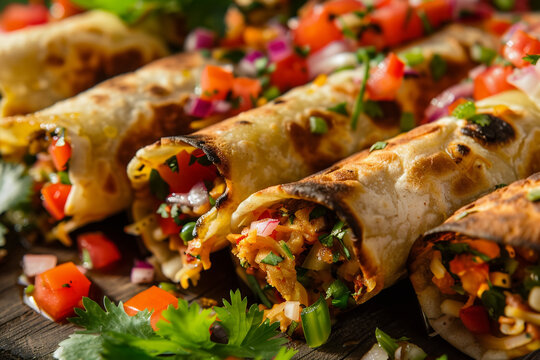 Vegetarian flautas with colorful vegetable filling, cross-section view, Canon 5D Mark IV, 100mm macro lens, high-contrast filter
