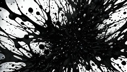 Black and white abstract painting with a vortex of swirling paint and droplets