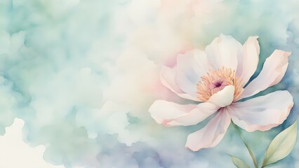 Delicate watercolor peony in soft pastel hues on a cloudy pale blue background